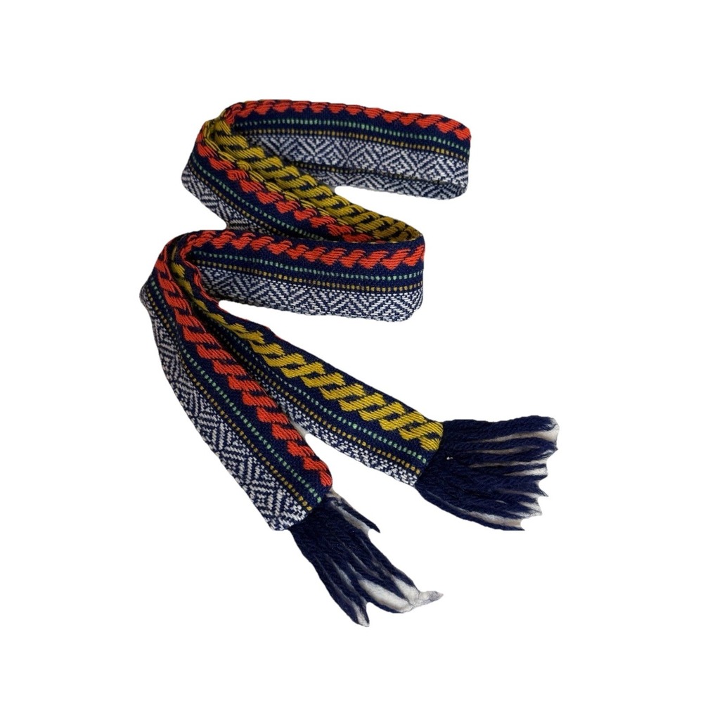 Vintage 70s Handwoven Sash Belt Blue Yellow Red White Hippie Fringe Folk Boho